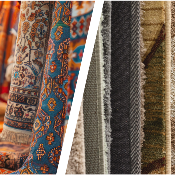 Gros plan de deux rangées de tapis : comparaison entre les tapis orientaux et les dos de tapis moder